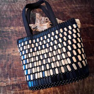 African Wooden Scaled Zippered Tote Bag With Black & Natural  Tones 14 x 10 x 6